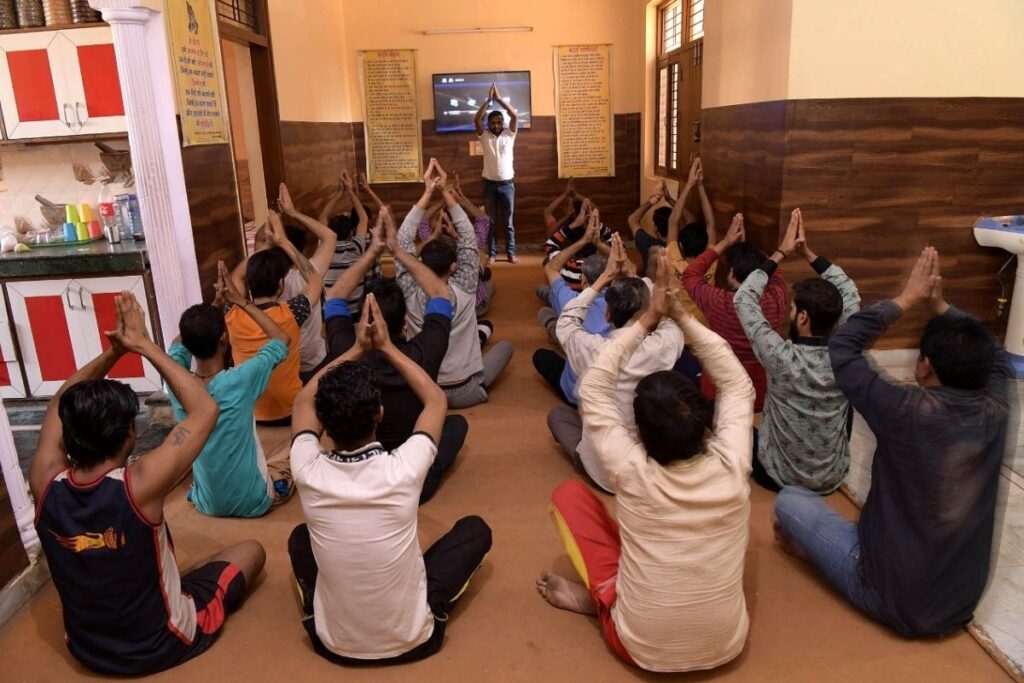Yoga and meditation practices at a rehab centre supporting addiction recovery.