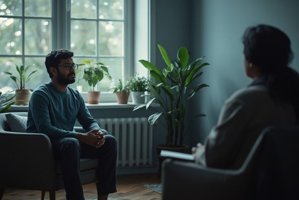 Young adult receiving counseling from a therapist.