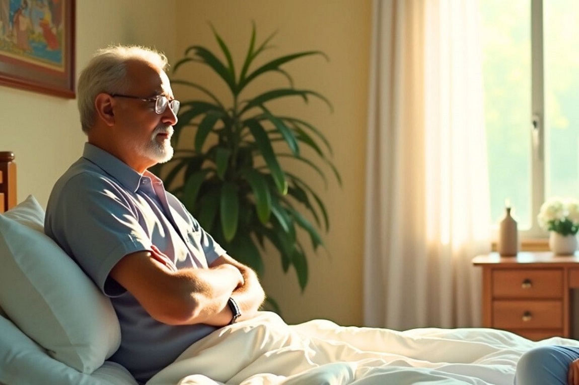 An elderly man sitting on a bed in a rehabilitation centre.