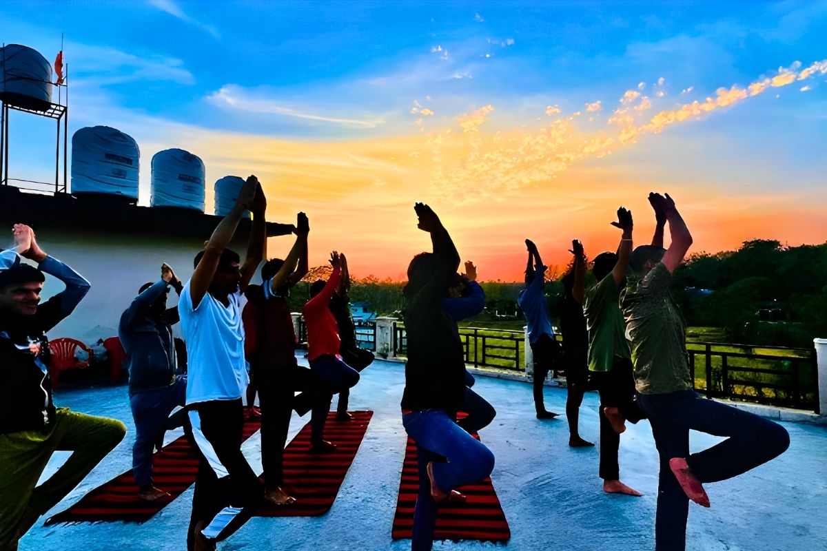 Group yoga session at a rehabilitation center in Chandigarh.