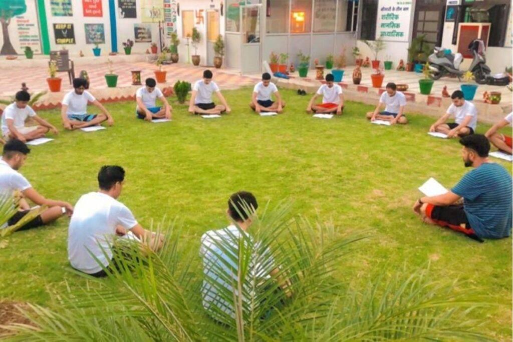 A therapy session in a garden, outside of a rehab.