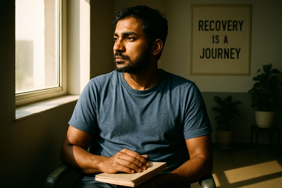 A person looking sad seems to be under the influence of alcohol addiction.