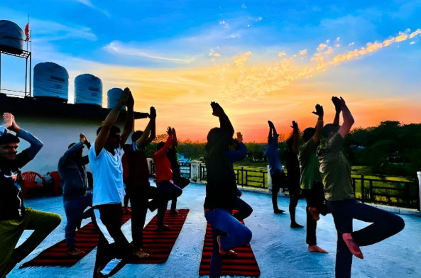Group yoga session at a rehabilitation center in Chandigarh.