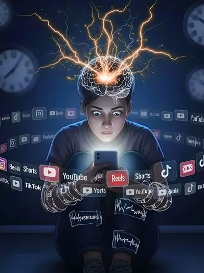 A person surrounded by floating social media icons, shows behavioral addiction.