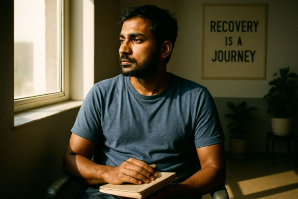 A person looking sad seems to be under the influence of alcohol addiction.