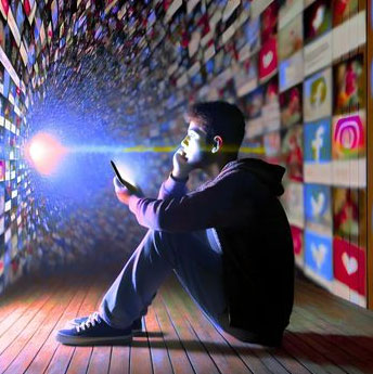 Animated visual showing a person watching their phone with highlighted brain activity. 